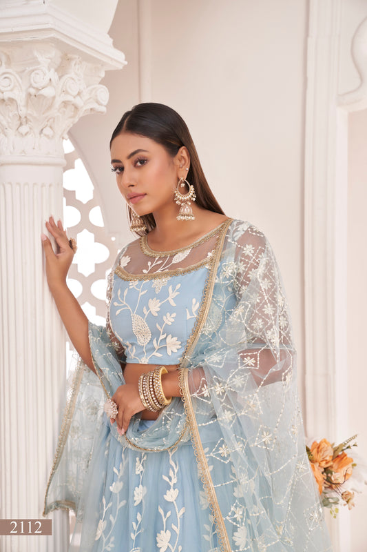 Blue White Cotton Thread And Zari Sandwich Sequence Embroidery Work With Wedding Lehenga Choli
