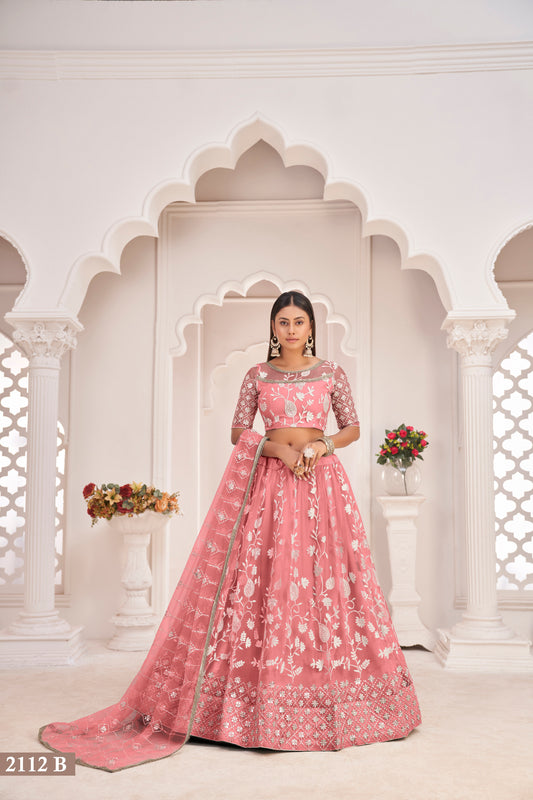 Peach White Cotton Thread And Zari Sandwich Sequence Embroidery Work With Wedding Lehenga Choli