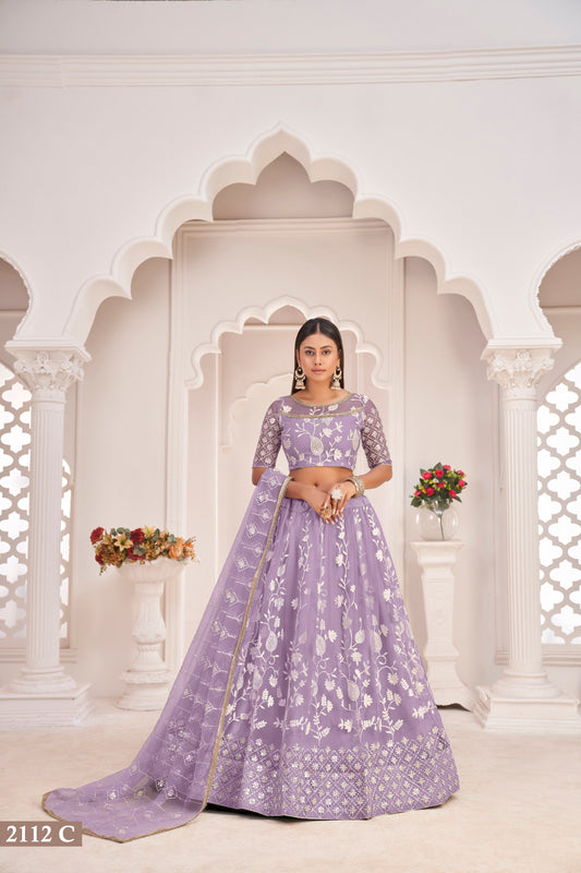 Light Purple White Cotton Thread And Zari Sandwich Sequence Embroidery Work With Wedding Lehenga Choli