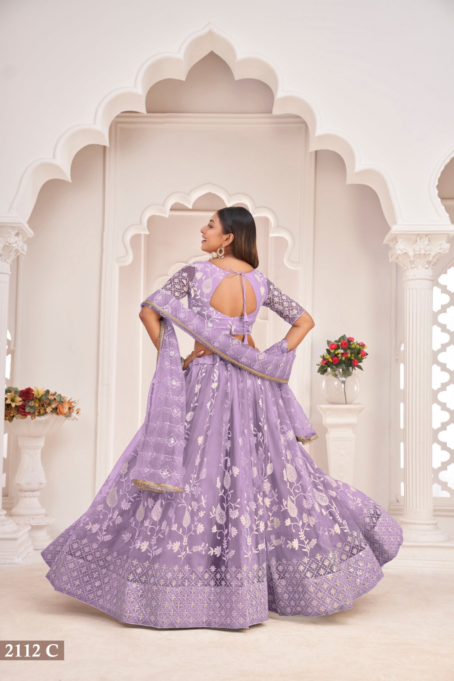 Light Purple White Cotton Thread And Zari Sandwich Sequence Embroidery Work With Wedding Lehenga Choli