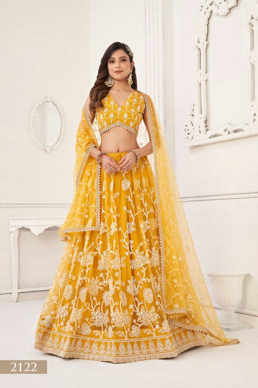 Yellow Colour With Embroidery Zari And Sequins Work Reception Wear , Garba Wear , Engagement Wear , wedding Guest Lehenga Choli