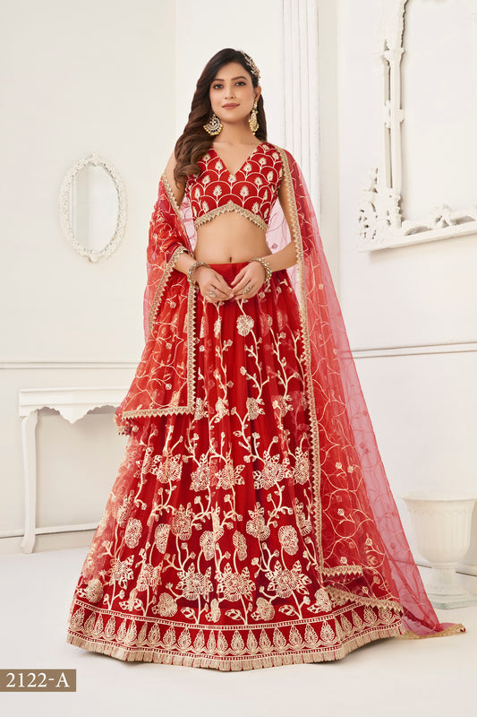 Red Colour With Embroidery Zari And Sequins Work Reception Wear , Garba Wear , Engagement Wear , wedding Guest Lehenga Choli