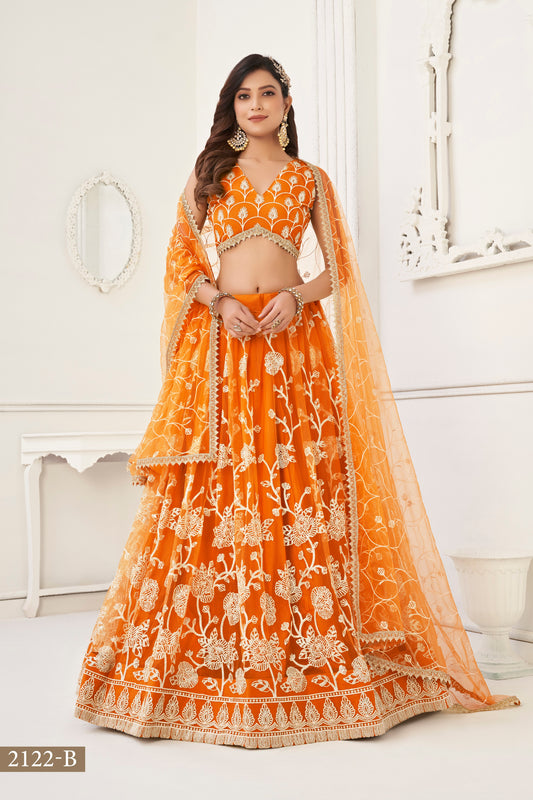 Orange Colour With Embroidery Zari And Sequins Work Reception Wear , Garba Wear , Engagement Wear , wedding Guest Lehenga Choli