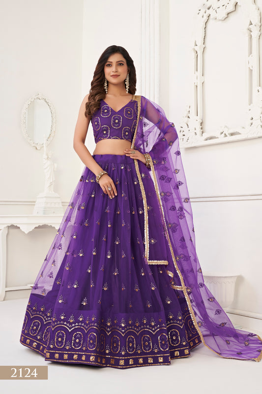 Purple colour net White Cotton Thread And Zari Sandwich Sequence Embroidery Work pretty lehenga choli