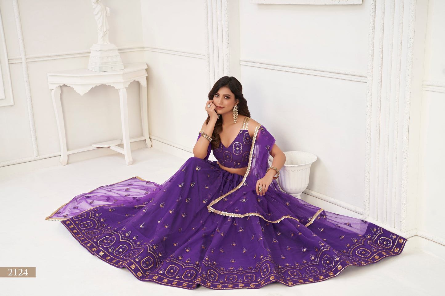 Purple colour net White Cotton Thread And Zari Sandwich Sequence Embroidery Work pretty lehenga choli
