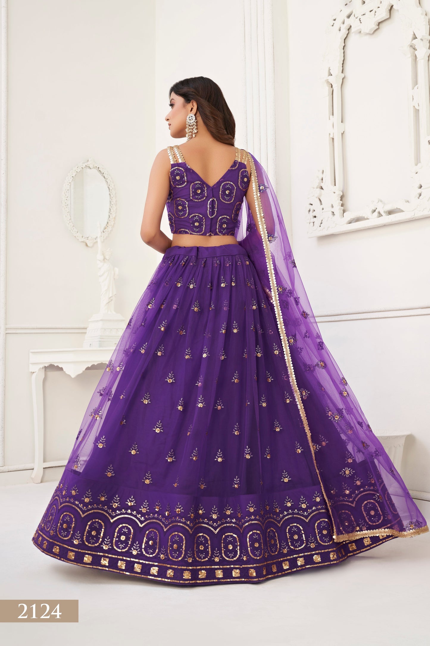 Purple colour net White Cotton Thread And Zari Sandwich Sequence Embroidery Work pretty lehenga choli