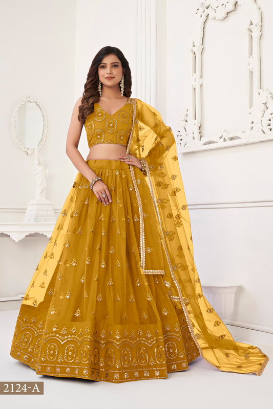 Mustard Yellow colour net White Cotton Thread And Zari Sandwich Sequence Embroidery Work pretty lehenga choli