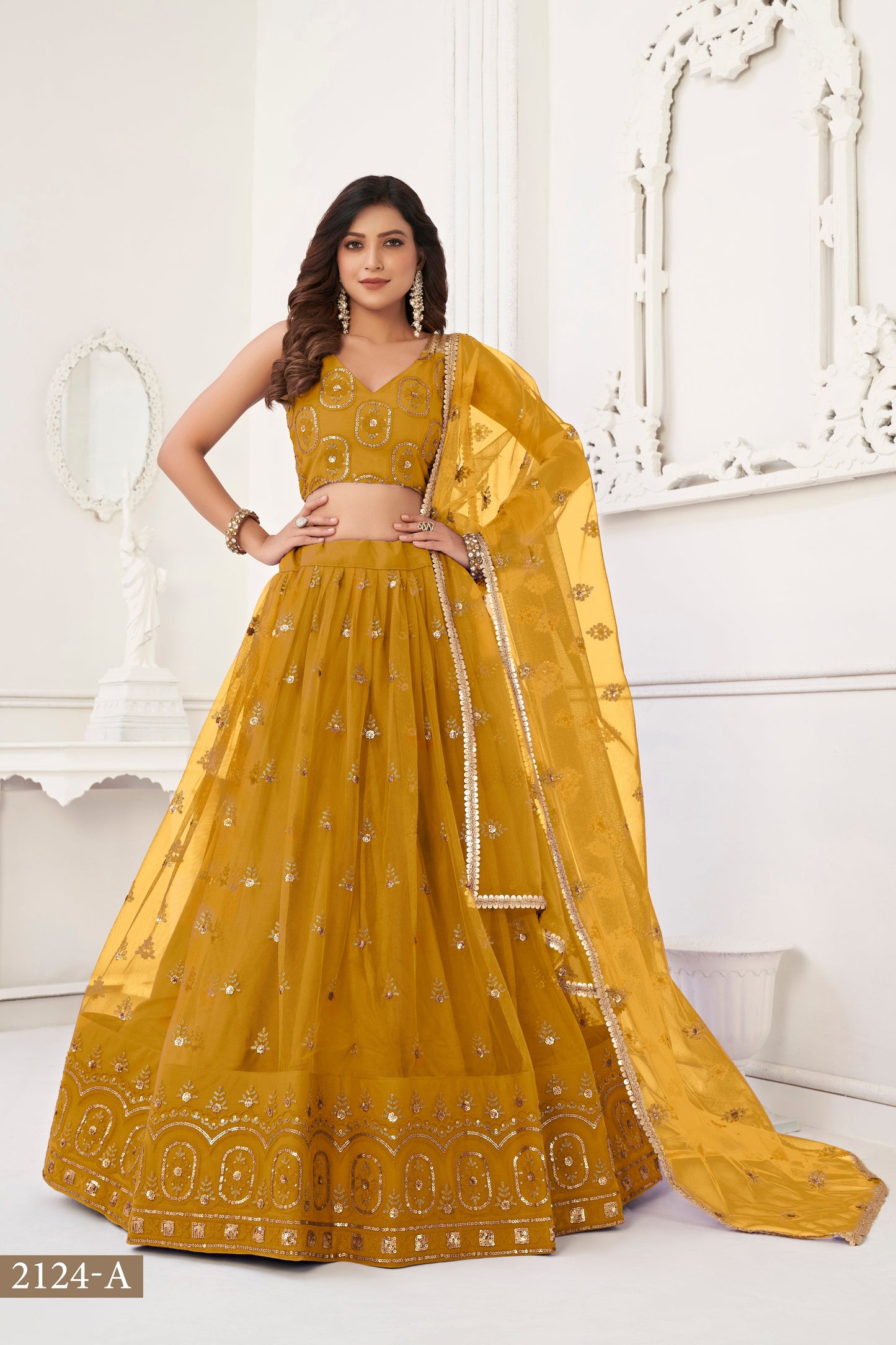 Mustard Yellow colour net White Cotton Thread And Zari Sandwich Sequence Embroidery Work pretty lehenga choli