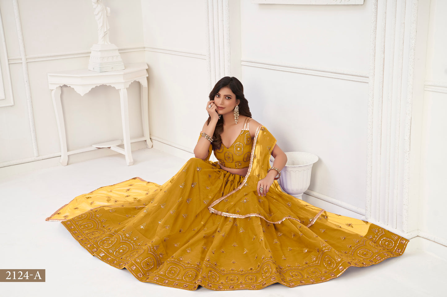 Mustard Yellow colour net White Cotton Thread And Zari Sandwich Sequence Embroidery Work pretty lehenga choli