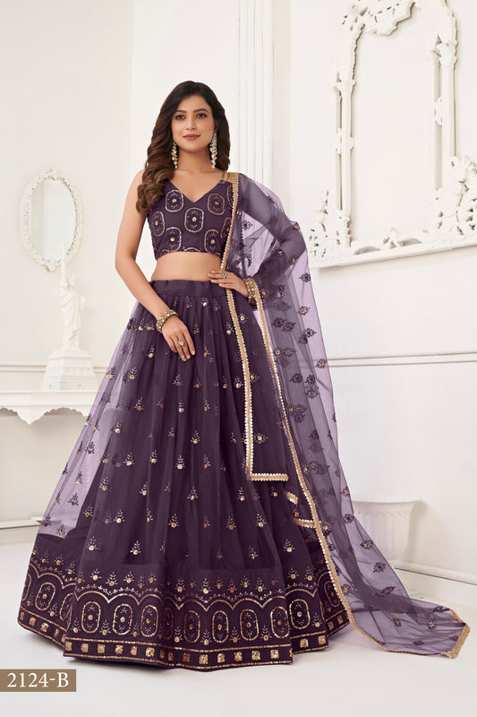 Wine colour net White Cotton Thread And Zari Sandwich Sequence Embroidery Work pretty lehenga choli