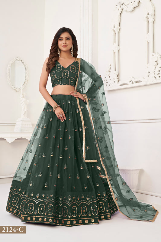 Green colour net White Cotton Thread And Zari Sandwich Sequence Embroidery Work pretty lehenga choli