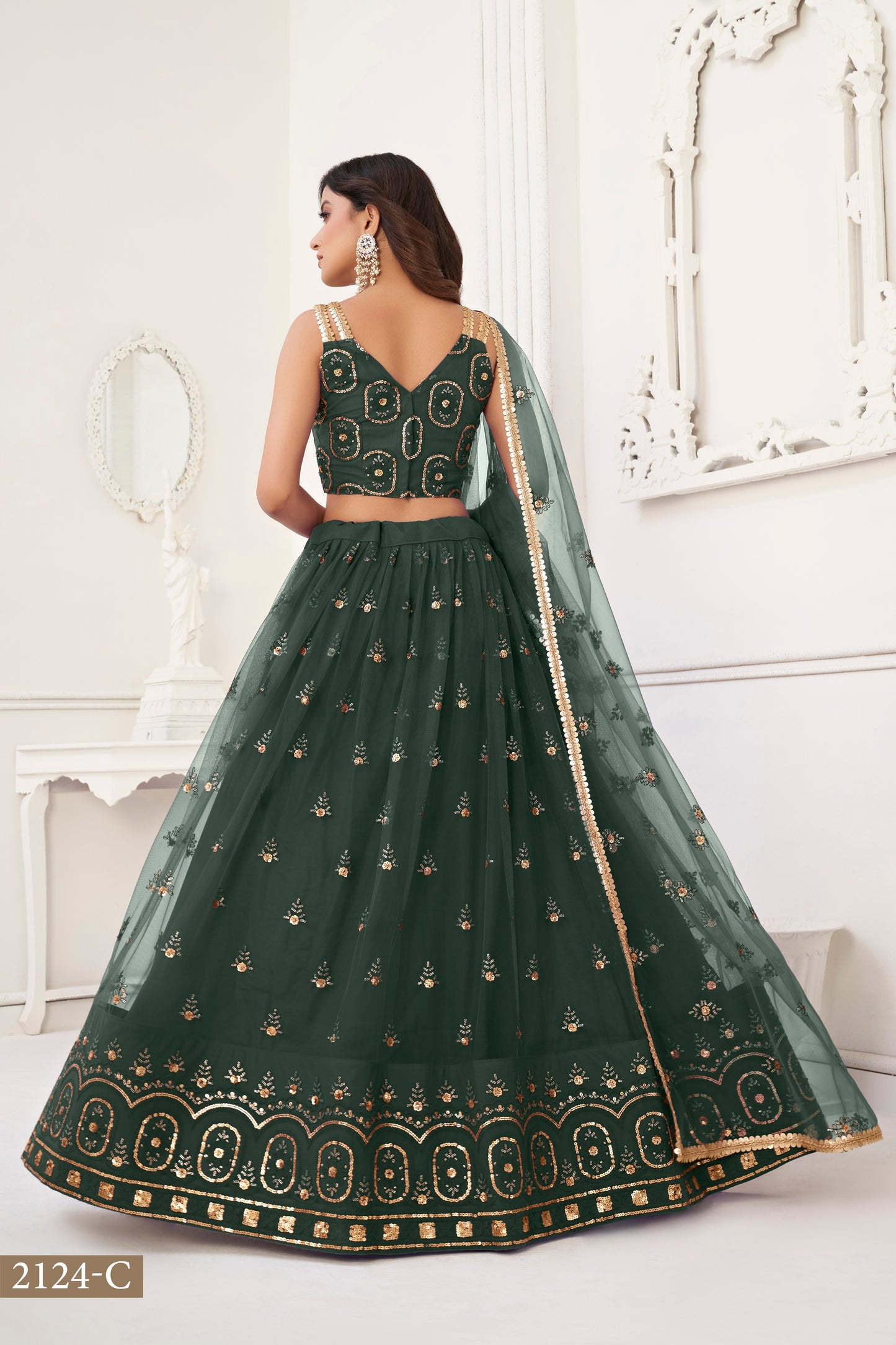 Green colour net White Cotton Thread And Zari Sandwich Sequence Embroidery Work pretty lehenga choli