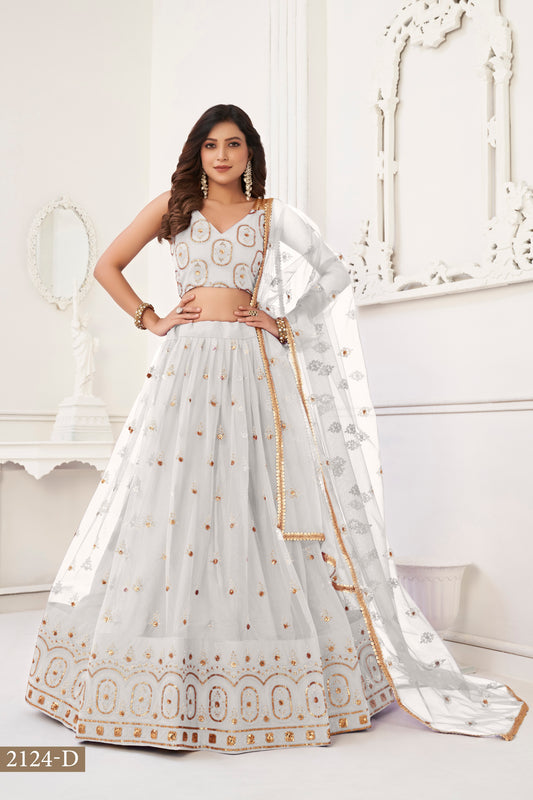 White colour net White Cotton Thread And Zari Sandwich Sequence Embroidery Work pretty lehenga choli