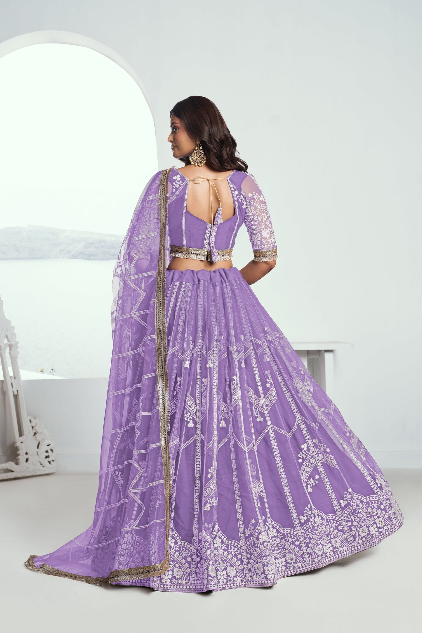 Lavender Net Lehenga Choli With Sequence & Cotton Thread Work Embroidery Work