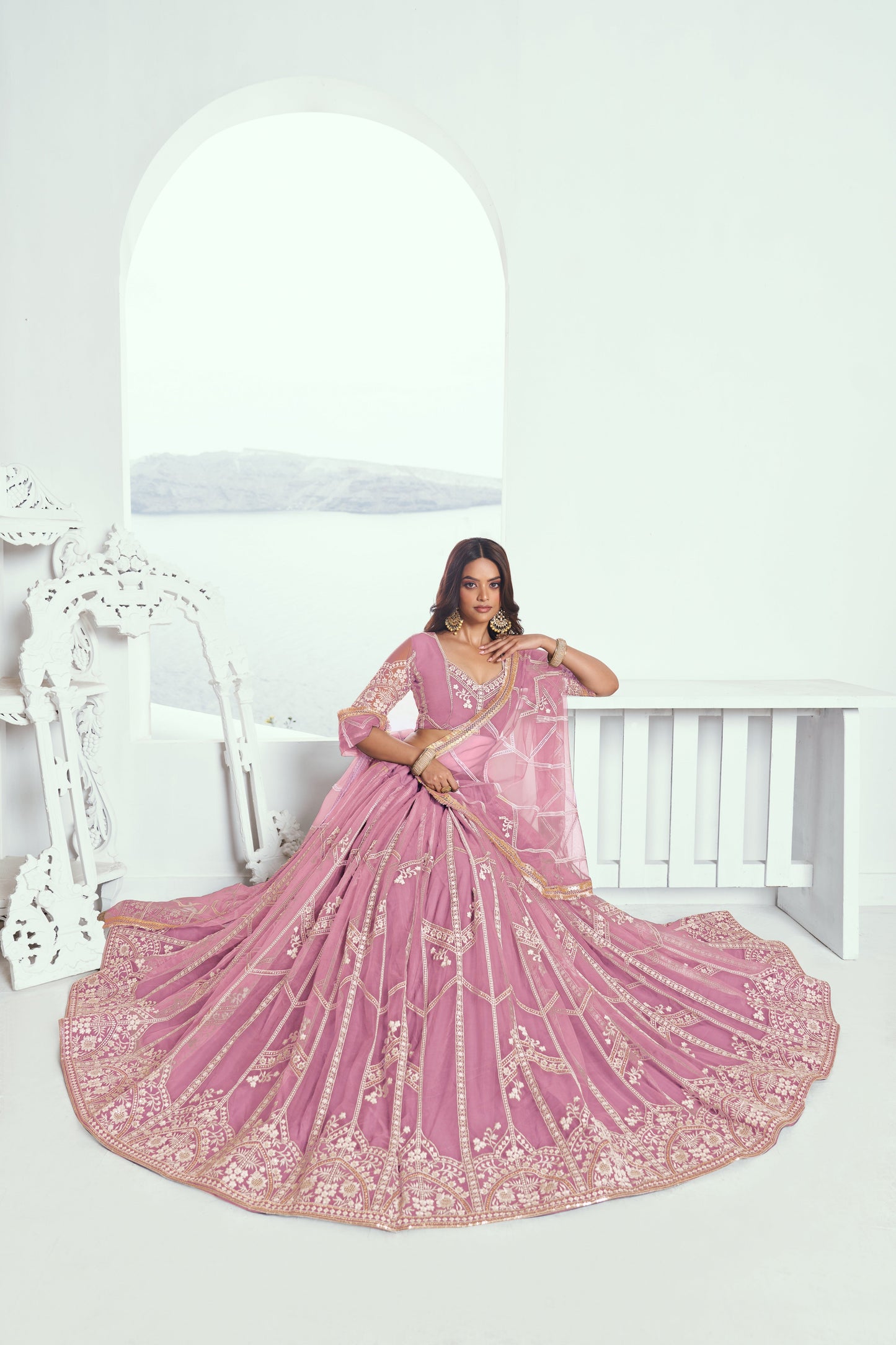 Pink Net Lehenga Choli With Sequence & Cotton Thread Work Embroidery Work
