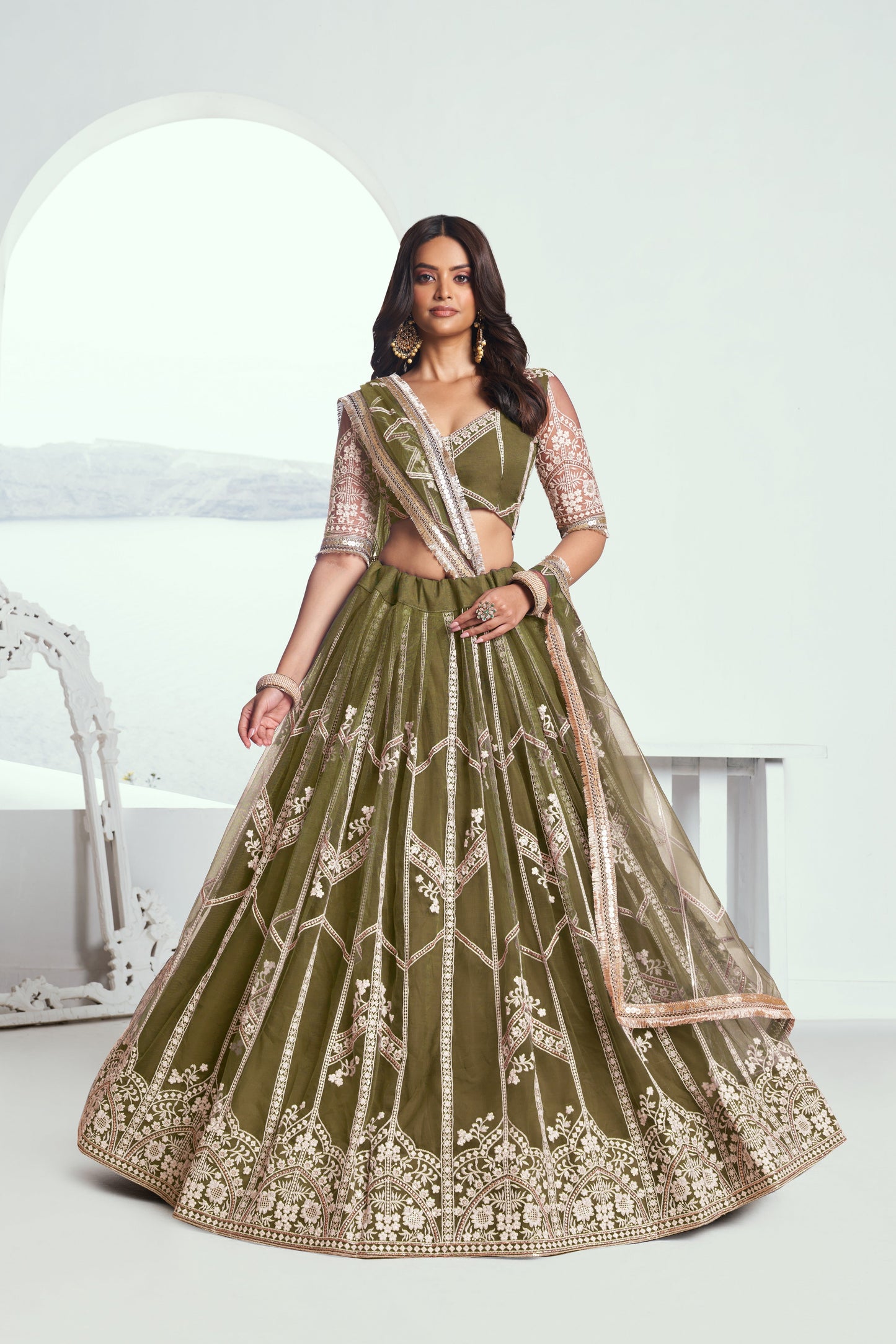 Mehandi Green Net Lehenga Choli With Sequence & Cotton Thread Work Embroidery Work