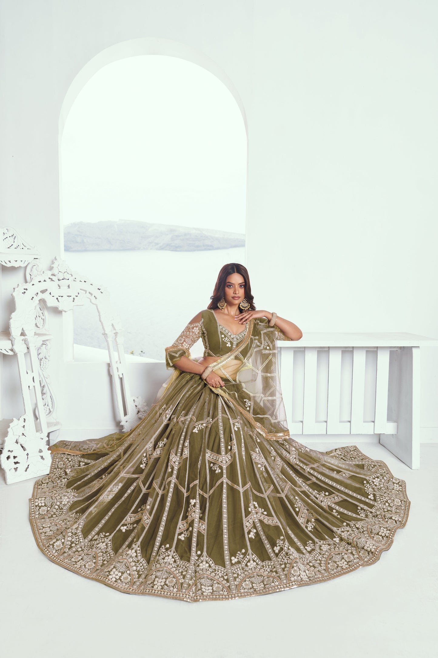 Mehandi Green Net Lehenga Choli With Sequence & Cotton Thread Work Embroidery Work