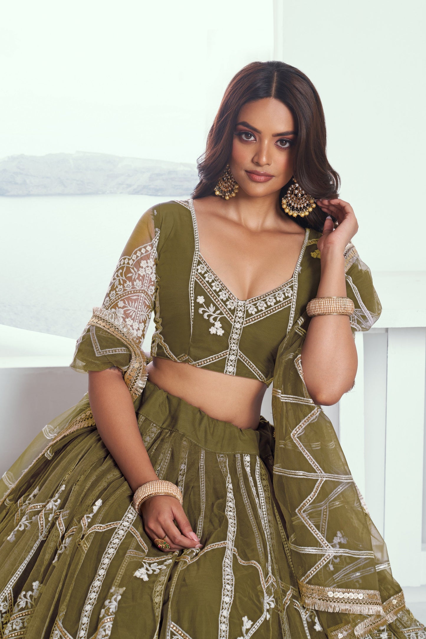 Mehandi Green Net Lehenga Choli With Sequence & Cotton Thread Work Embroidery Work