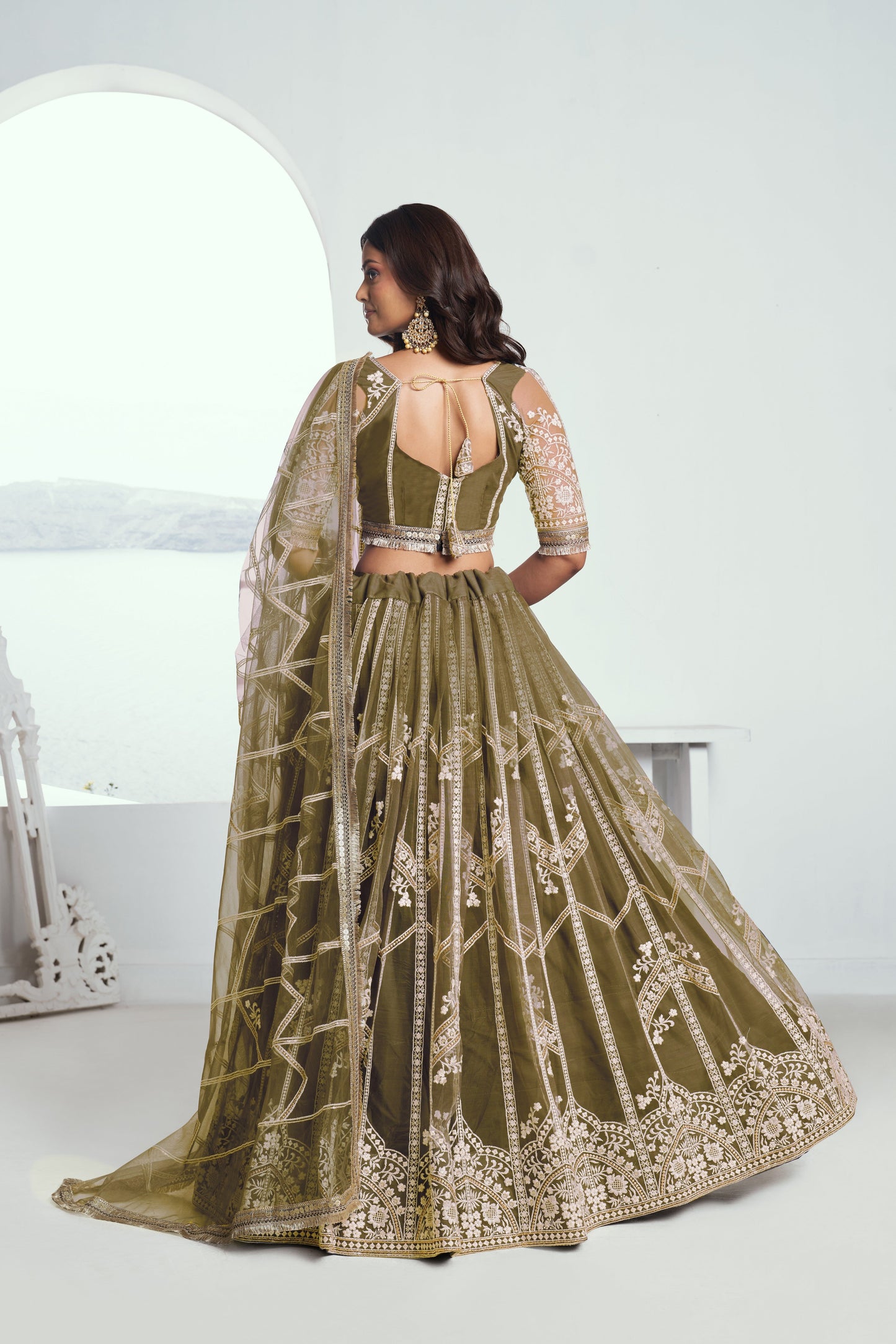 Mehandi Green Net Lehenga Choli With Sequence & Cotton Thread Work Embroidery Work