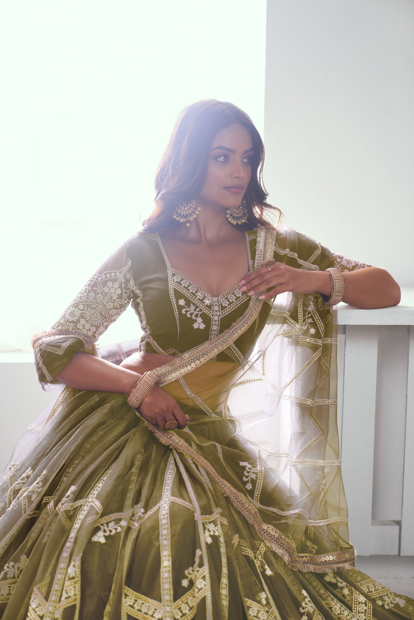 Mehandi Green Net Lehenga Choli With Sequence & Cotton Thread Work Embroidery Work