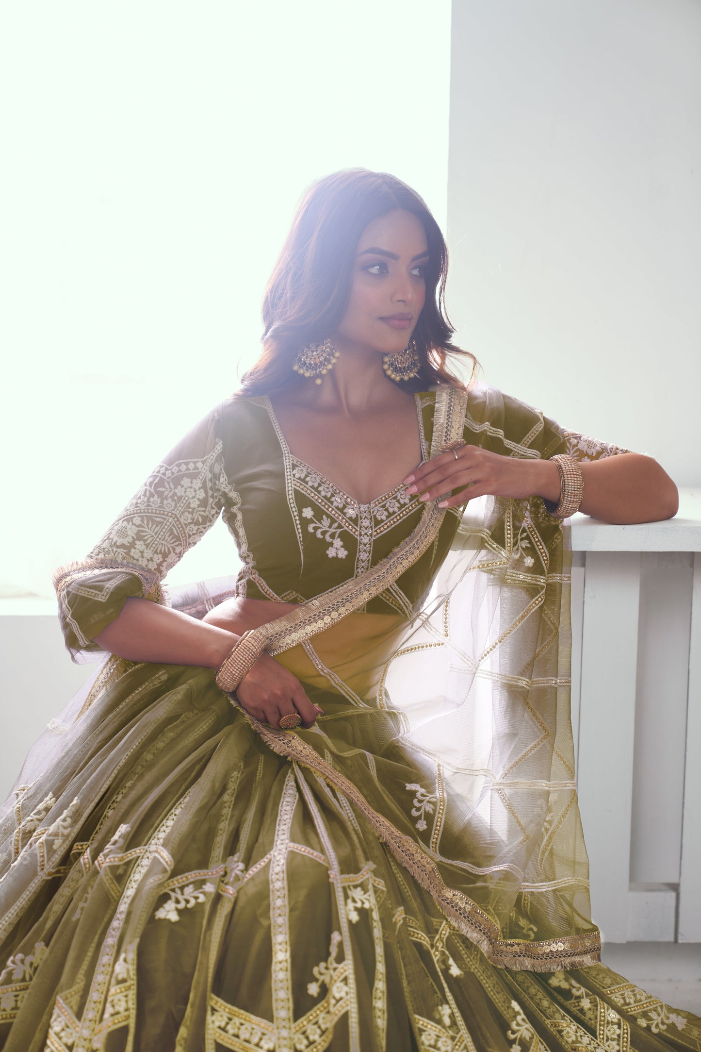 Mehandi Green Net Lehenga Choli With Sequence & Cotton Thread Work Embroidery Work
