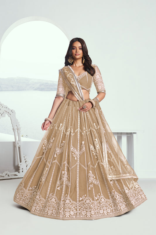 Beige(Chiqu) Net Lehenga Choli With Sequence & Cotton Thread Work Embroidery Work