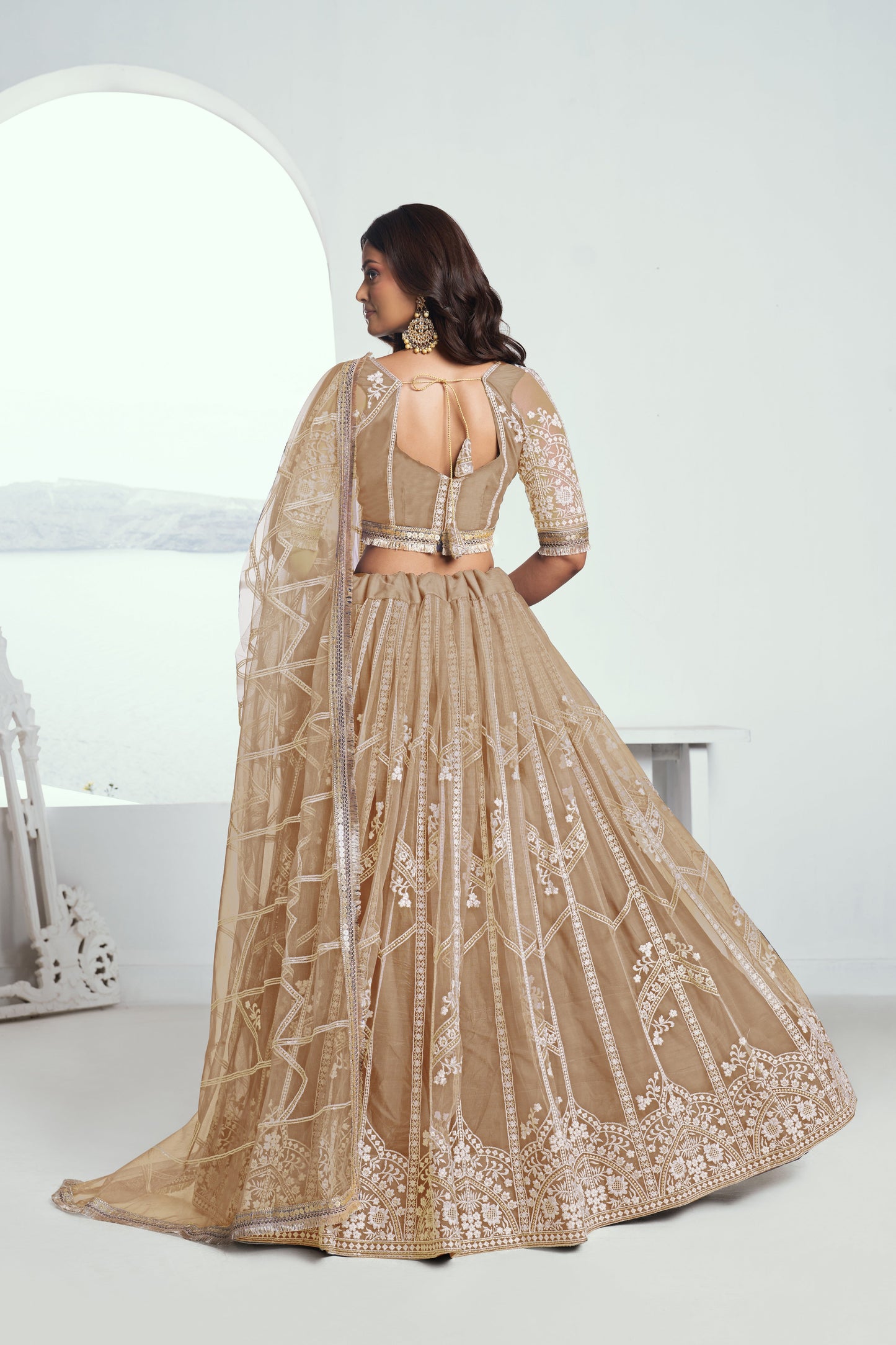 Beige(Chiqu) Net Lehenga Choli With Sequence & Cotton Thread Work Embroidery Work